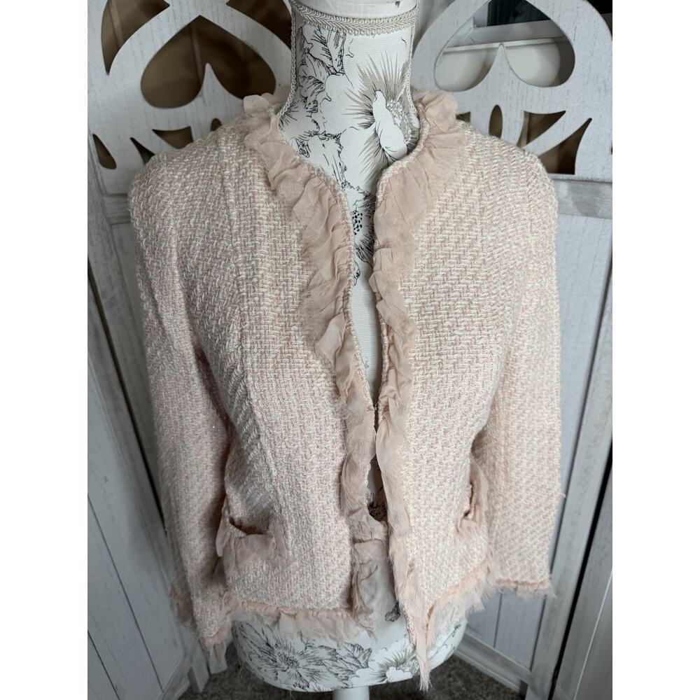 Rebecca Taylor Pink White Tweed Jacket Y2K Coquette Size 6 Ruffle